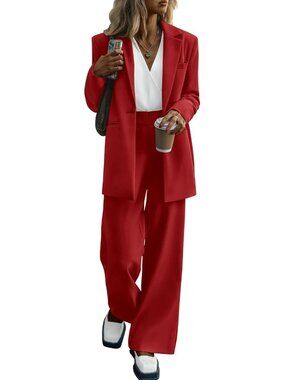 Women's Red Polyester Blend Casual Loose Long Wide Leg Pant 2 Piece Blazer Set